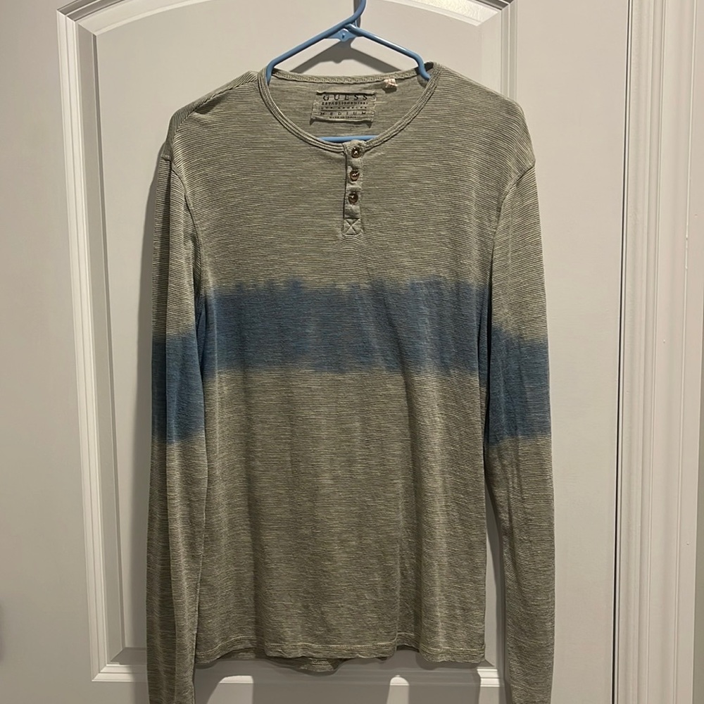 Guess Long Sleeve Henley Grey Beige Blue super soft size medium